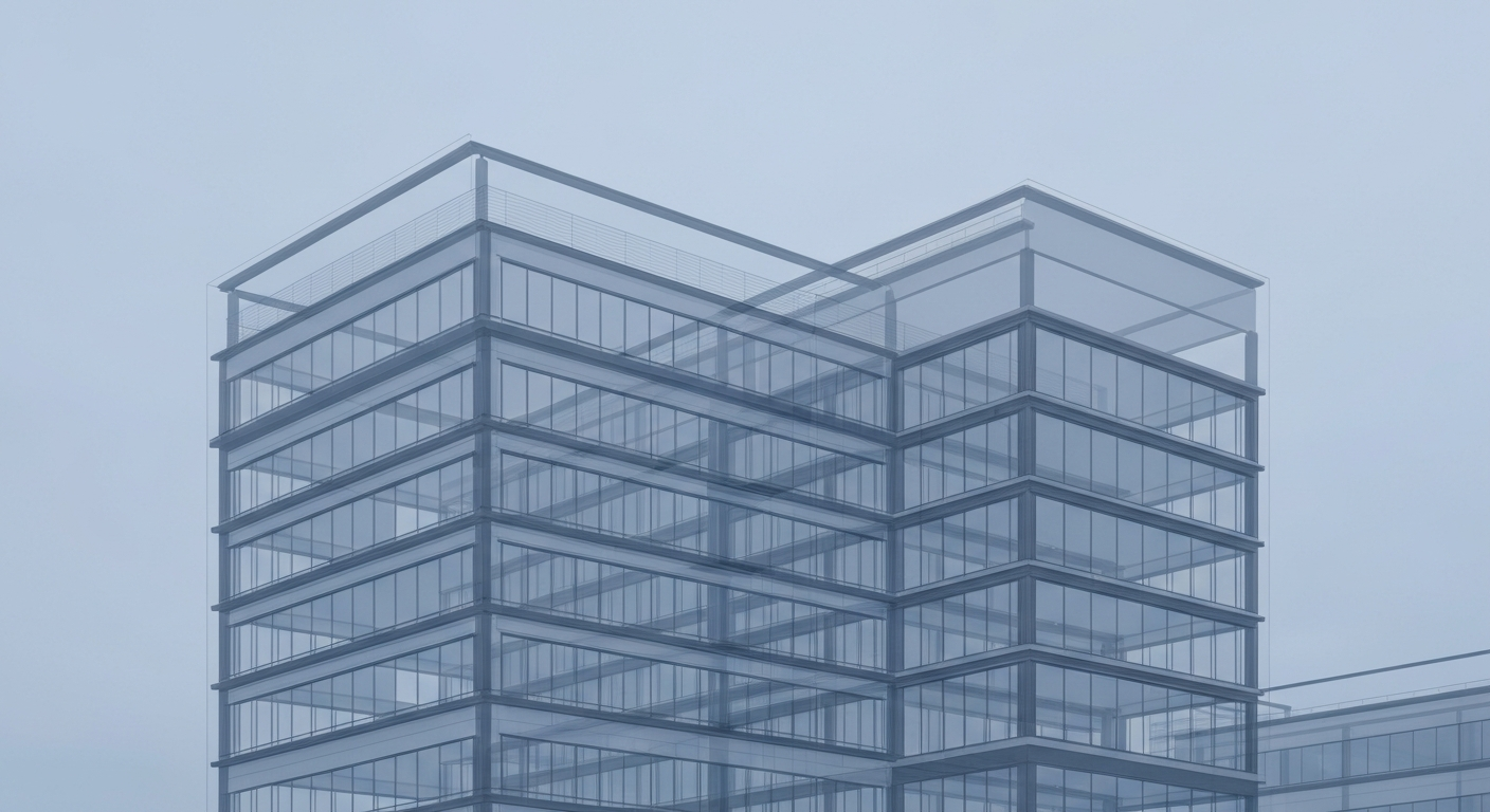 A ghostly, translucent X-ray image revealing the internal structure of a multi-story building, conceptually representing the complex systems and facilities needed for a modern mental health treatment center.