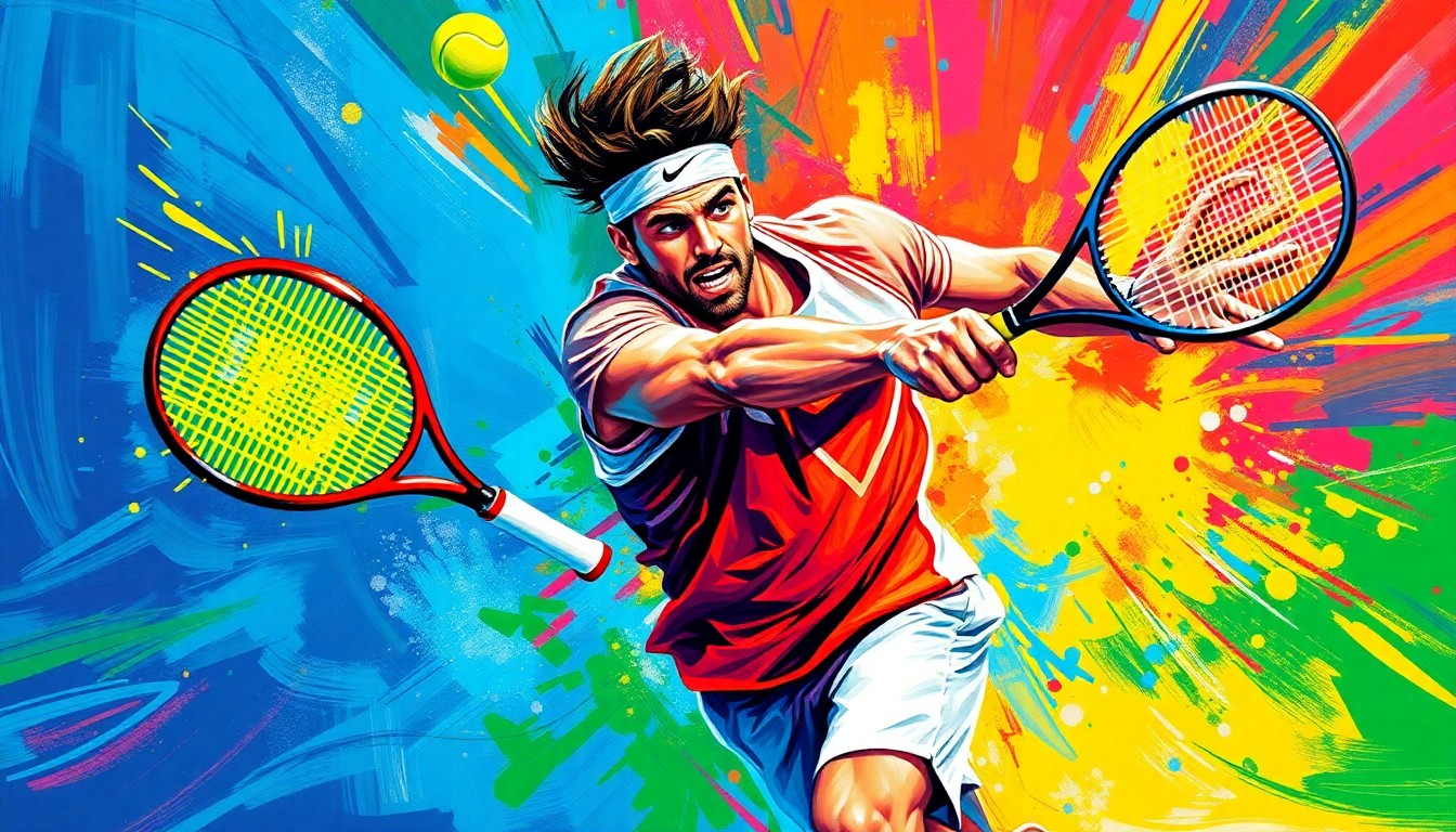 An abstract, energetic painting featuring bold, neon-colored brushstrokes that capture the intensity and movement of a high-level tennis match, representing the breakthrough performance of French player Arthur Fils at the Miami Open.