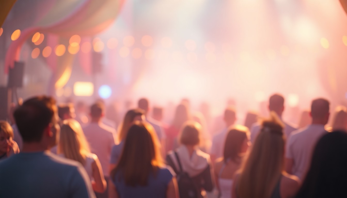 An abstract, impressionistic scene of people mingling at a community event, with soft, blurred shapes and vibrant splashes of color creating a sense of warmth and togetherness.