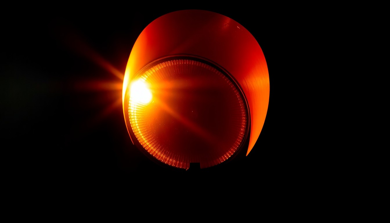 An extreme close-up photograph of a damaged traffic signal light or crosswalk sign, lit by a harsh, direct camera flash against a pitch-black background, conceptually representing the safety issues faced by students in the area.