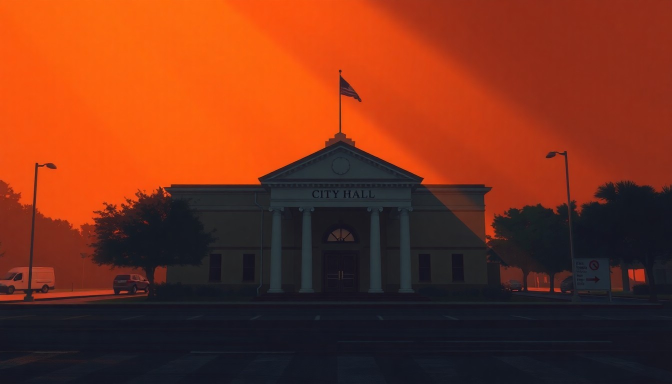 A warm, cinematic painting of a solitary city hall building in Apopka, Florida, with diagonal sunlight and deep shadows, conveying a sense of political transition and change.