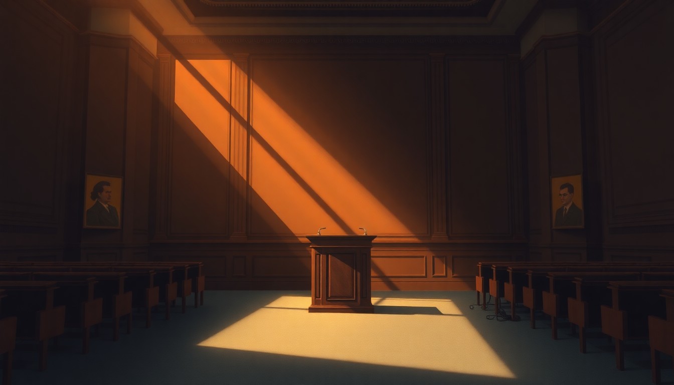 A dimly lit, cinematic painting of an empty city council meeting room, with a solitary podium bathed in warm, diagonal sunlight and deep shadows, conceptually representing the quiet, behind-the-scenes power dynamics of local politics.