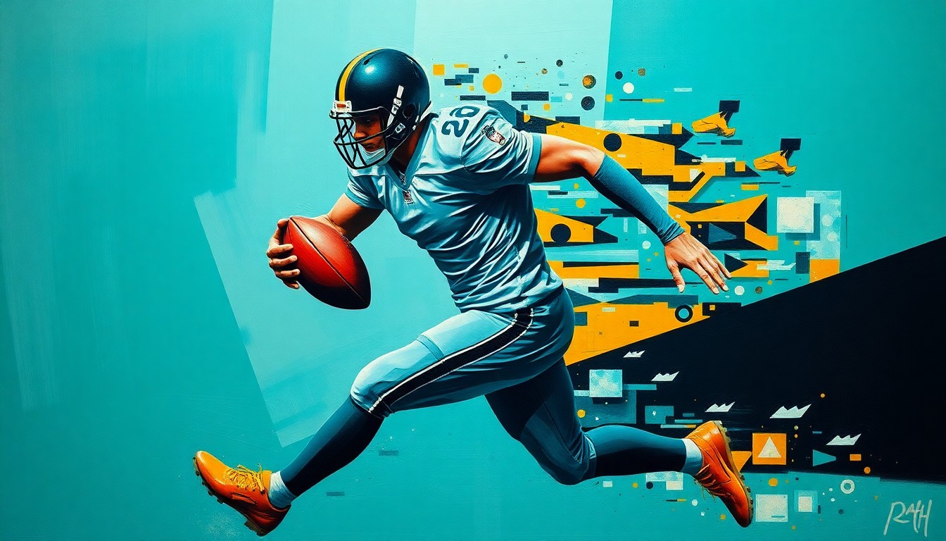 A fragmented, geometric painting depicting a football player in mid-motion, with sharp, overlapping planes of teal, gold, and black, capturing the dynamic nature of the player's versatile skillset.