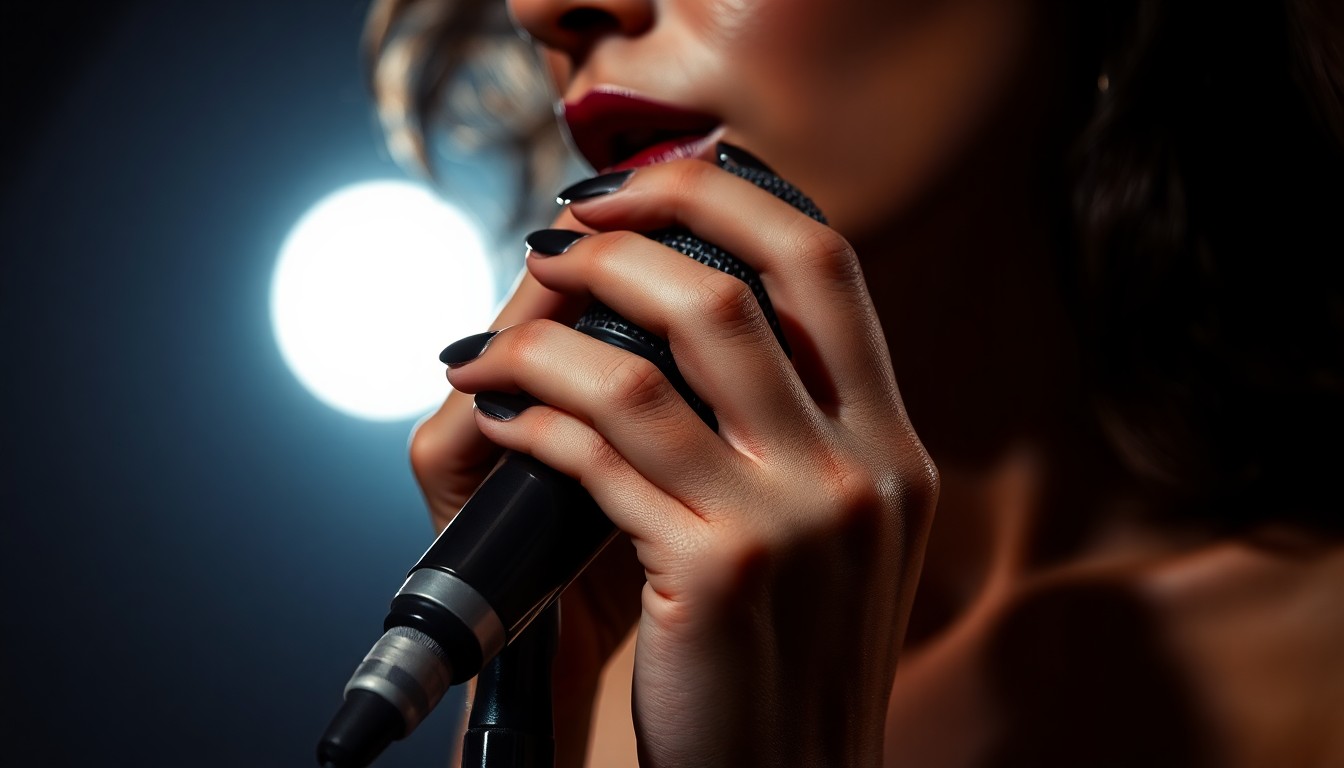 An extreme close-up photograph of a hand holding a microphone, the skin and metal textures creating a high-contrast, glamorous aesthetic that conceptually represents the aspirations and determination of a singer.