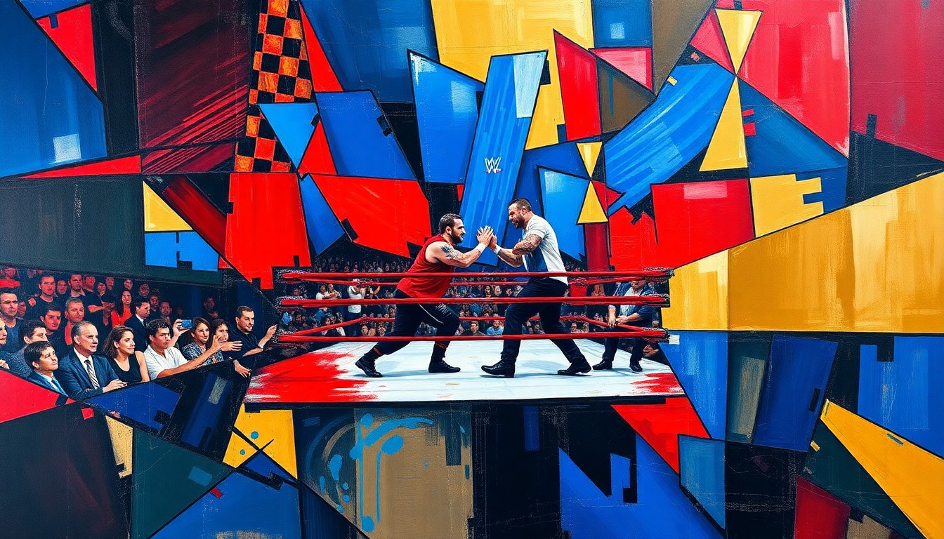 A fractured, cubist-style painting depicting the dynamic movements and competitive spirit of a WWE wrestling match, with sharp geometric planes in bold, vibrant colors.