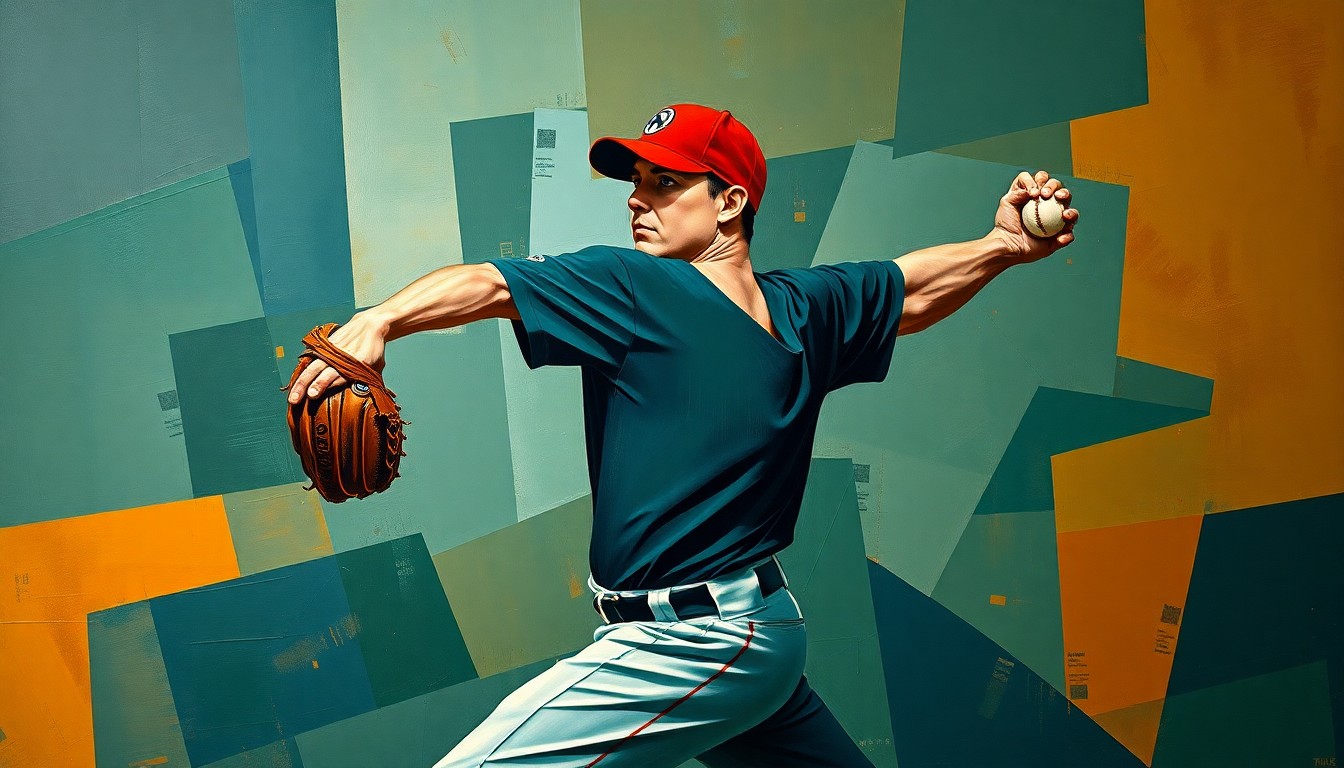 A cubist, geometric painting depicting a baseball pitcher's throwing motion broken down into overlapping planes of navy, forest green, and burnt orange, conveying the complexities of an elbow injury.