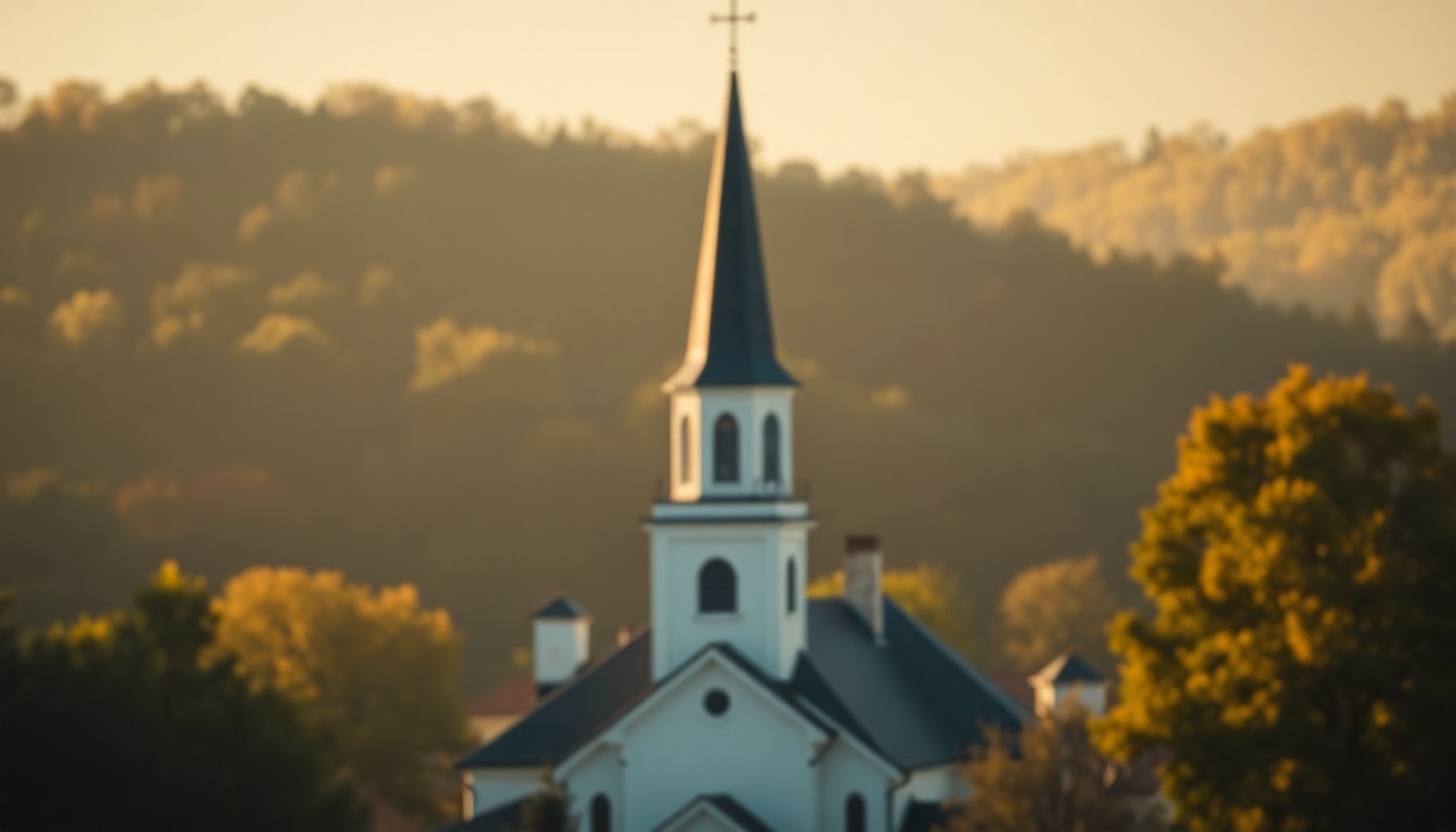 An extremely abstracted, out-of-focus photograph of a church steeple and surrounding trees, with the scene softly blurred and bathed in a warm, golden light, conceptually representing the comforting mood of a community gathering to remember a cherished member.