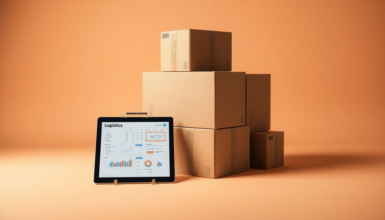A minimalist studio still life photograph featuring a stack of shipping boxes, a clipboard with logistics paperwork, and a tablet displaying a logistics dashboard, all arranged elegantly on a clean, monochromatic background to represent the abstract concepts of corporate strategy and supply chain optimization.