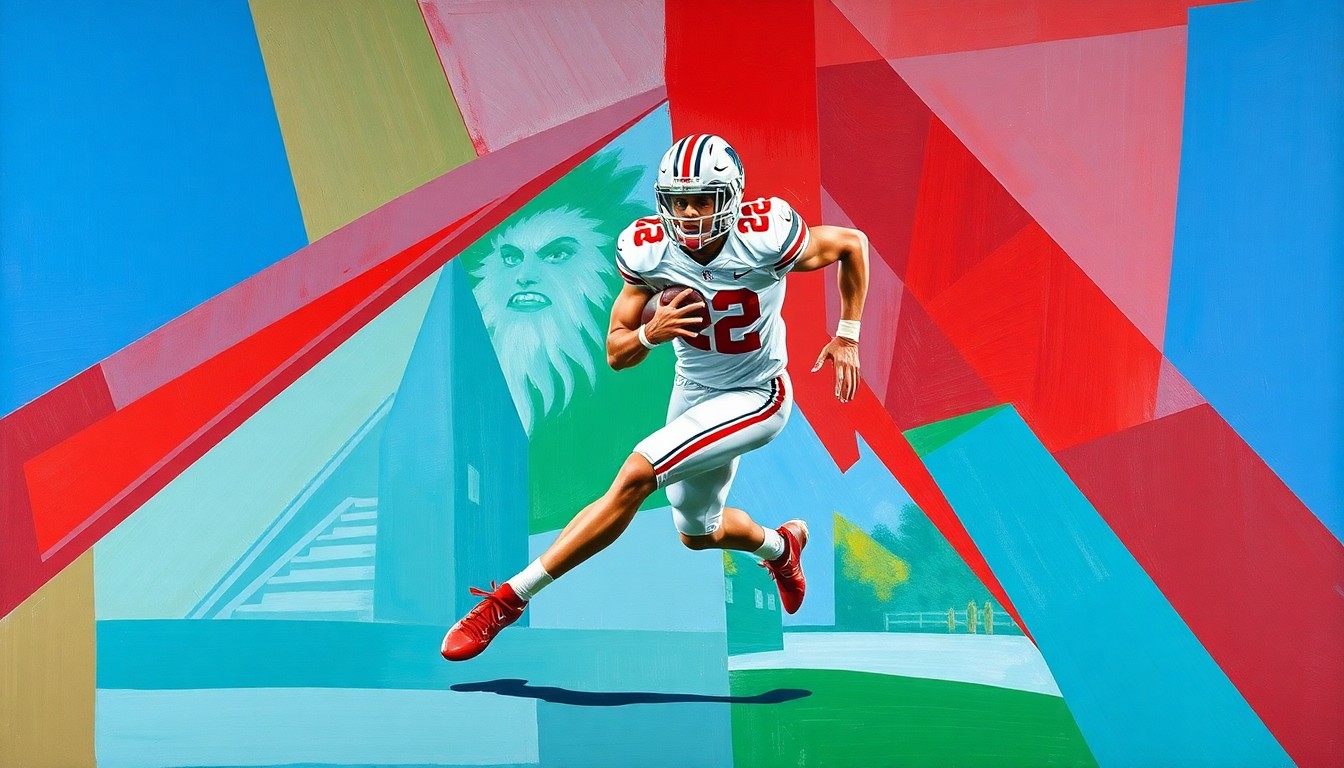 A cubist, geometric painting depicting a football player in motion, with sharp planes of scarlet, gray, and the colors of the opposing school, conveying the competitive tension of the recruiting process.