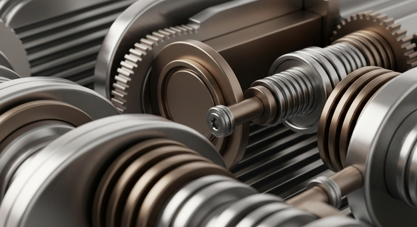 An extreme close-up of intricate, metallic gears and levers of a complex banking machine, conveying a sense of institutional financial power and security through its heavy, industrial design.