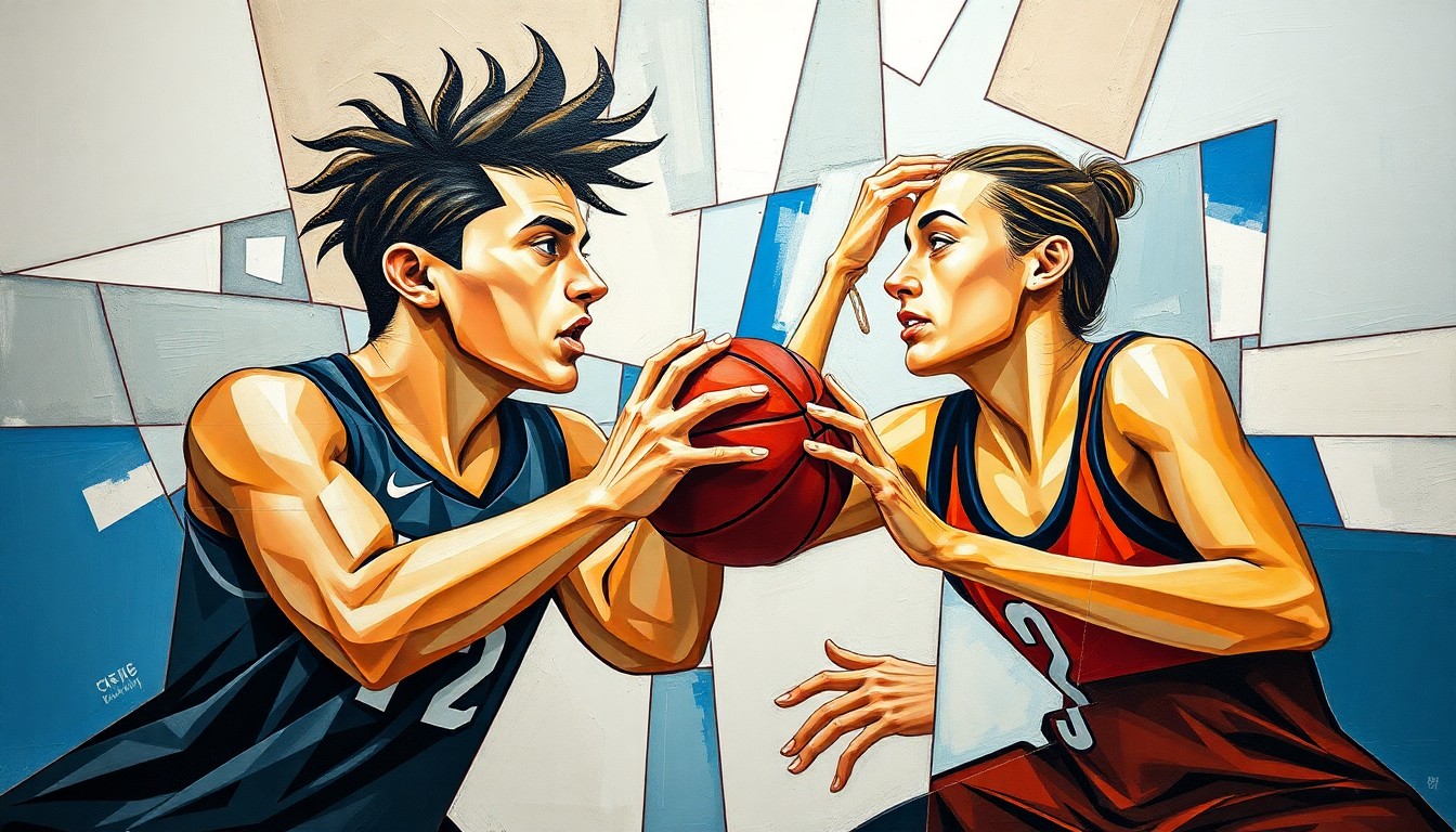 A cubist, geometric painting depicting the dynamic basketball duo of Azzi Fudd and Paige Bueckers, with their figures fractured and overlapping in a vibrant, abstract composition.