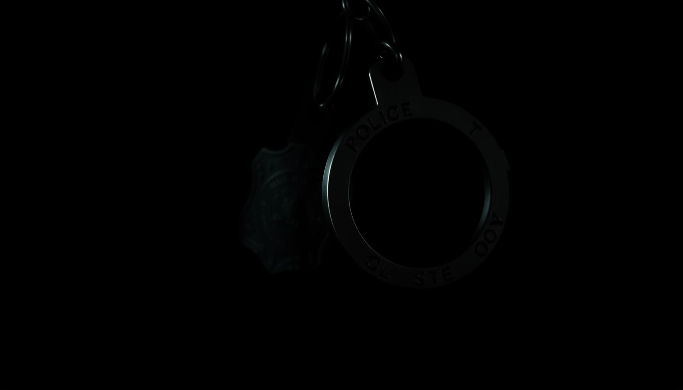 An extreme close-up photograph of a police badge or handcuffs against a pitch-black background, lit by a harsh camera flash to create a stark, gritty, investigative aesthetic, conceptually representing the partnership between a community and law enforcement.