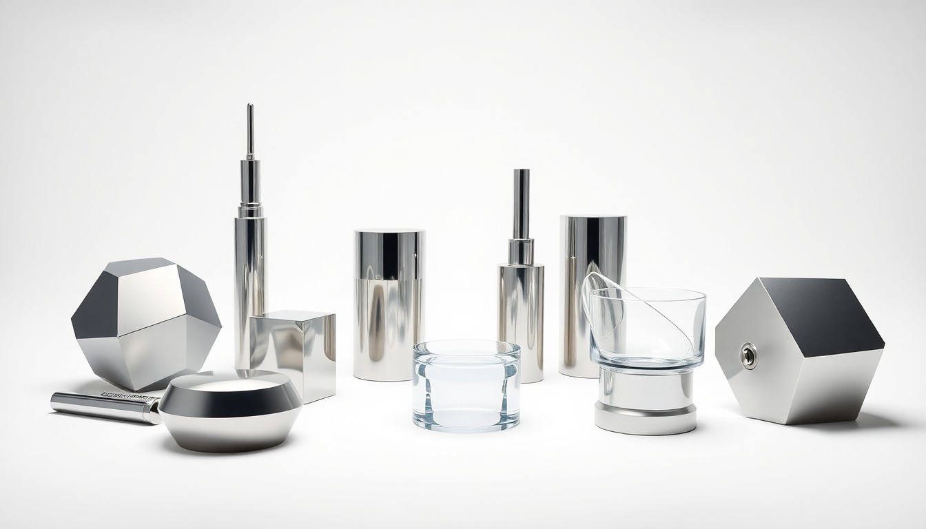 A minimalist studio still life photograph featuring a collection of sleek, metallic and glass geometric objects arranged elegantly on a clean white background, conceptually representing the advanced cellular engineering behind Mesoblast's new CAR-enhanced MSC products.