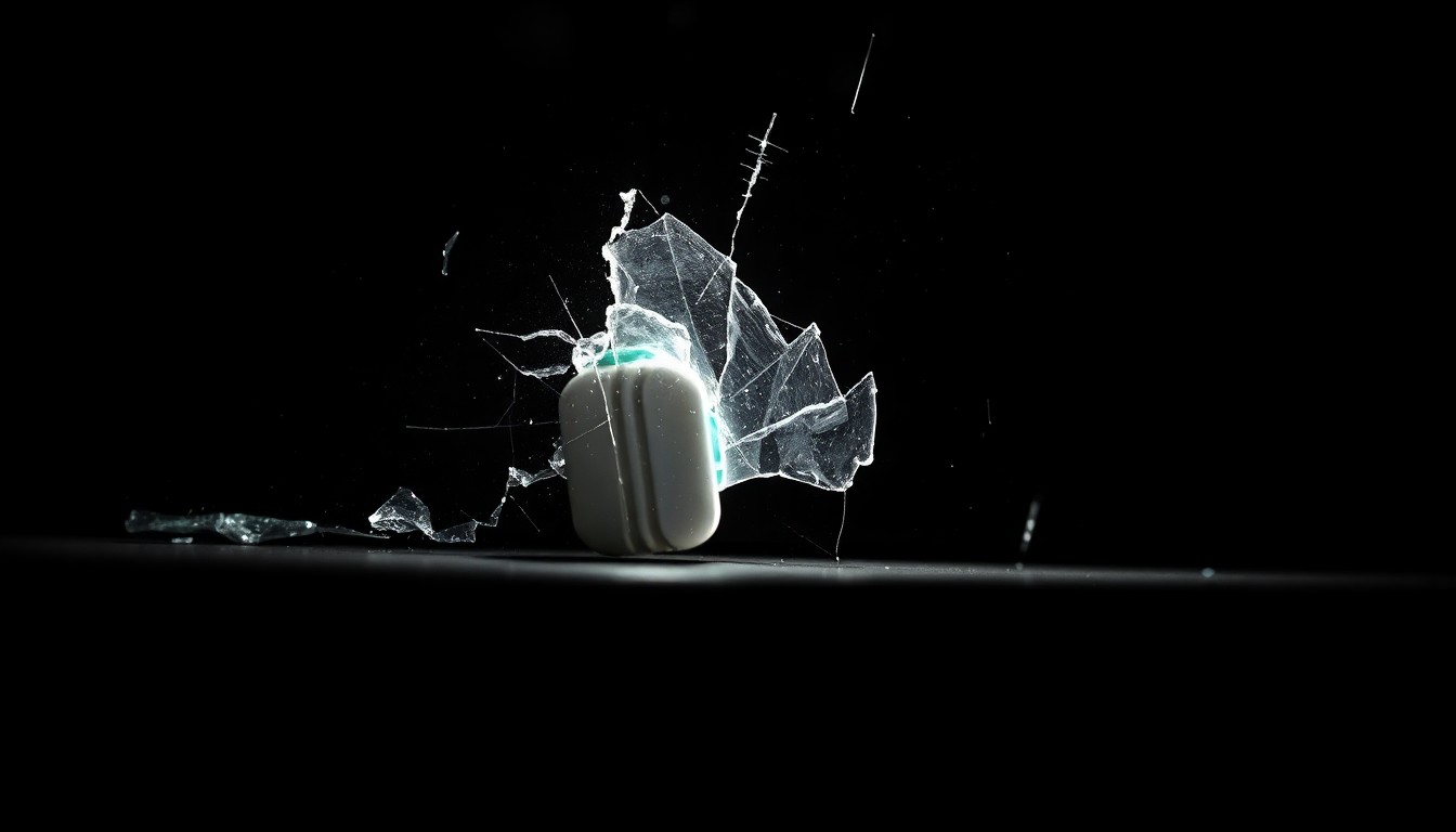 An extreme close-up photograph of a damaged car sensor or broken glass from a vehicle collision, lit by a harsh, direct camera flash against a pitch-black background, conceptually illustrating the aftermath of a high-speed pursuit and crash.