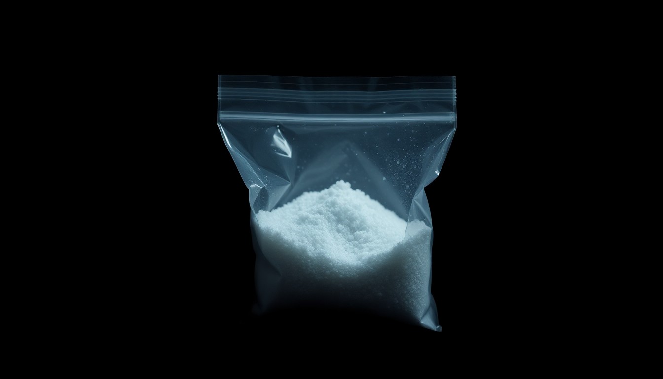 An extreme close-up photograph of a small plastic bag filled with a crystalline powder, lit by a harsh, direct camera flash against a pitch-black background, creating a stark, gritty, investigative aesthetic.