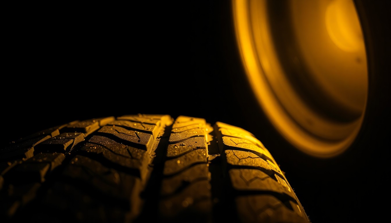 An extreme close-up of a shredded car tire tread, captured with a harsh, direct flash against a dark background, conveying a sense of gritty investigation into a violent crime.