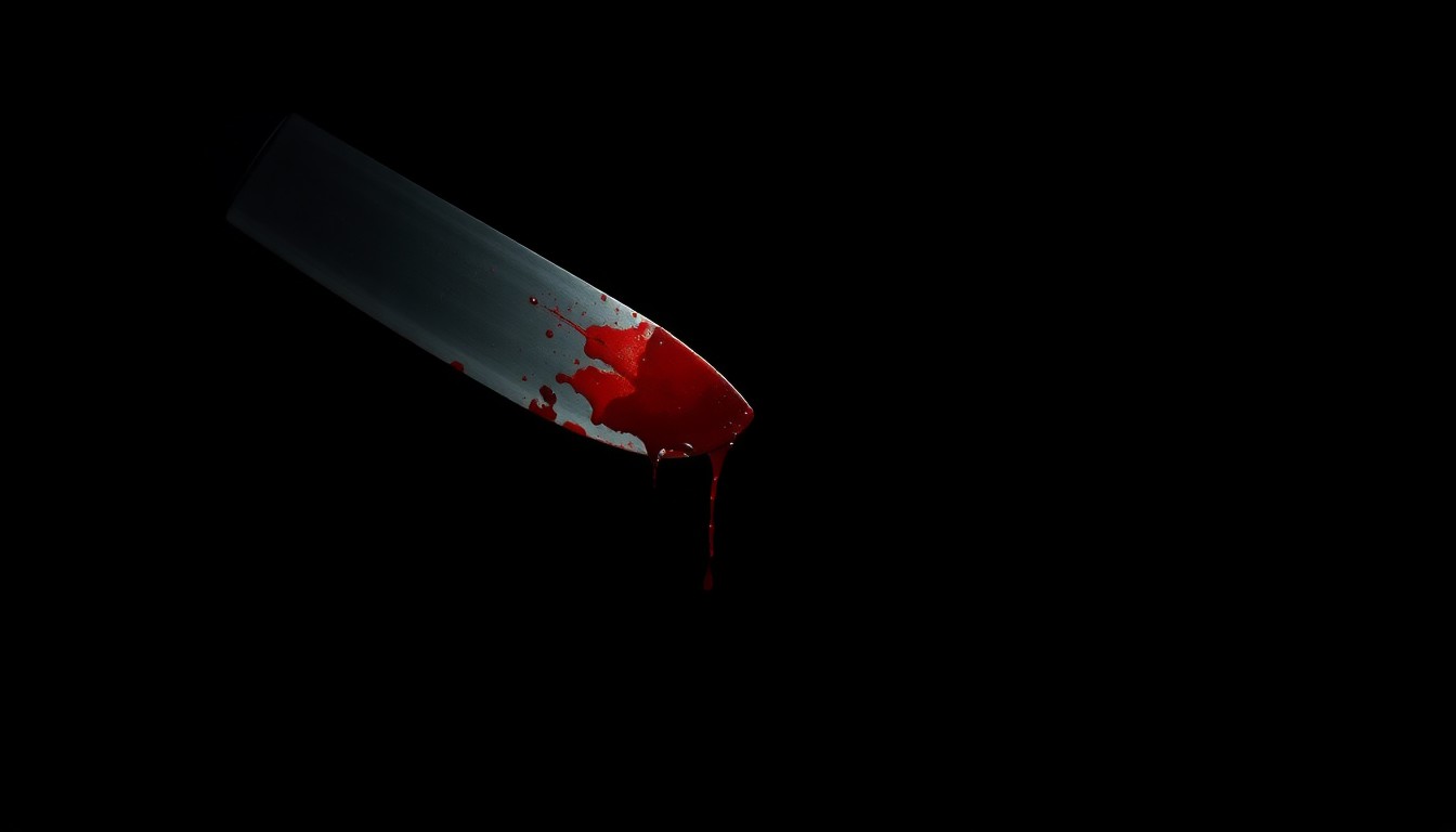 An extreme close-up of a single bloody knife blade, the harsh lighting and dark background creating a stark, gritty, investigative aesthetic that conceptually represents the violence of a domestic homicide.