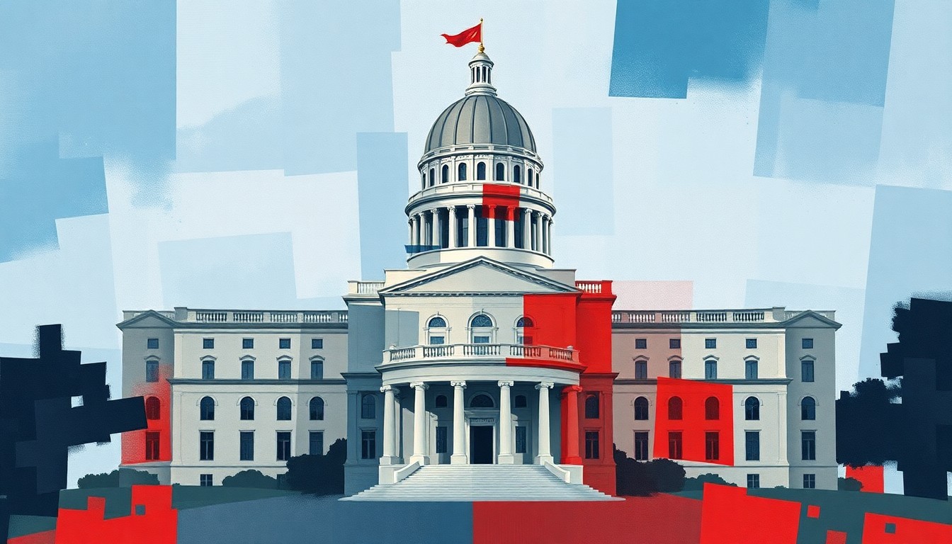 A dynamic, fragmented painting depicting a California state capitol building in motion, rendered in shades of blue, gray, and red, conveying a sense of political tension and change.