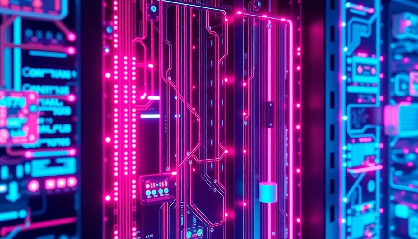 A highly detailed, glowing 3D macro illustration of a futuristic, neon-lit cybersecurity control panel or data center infrastructure, representing the digital backbone of AI technology. Vibrant cyan and magenta lights emanate from the intricate circuitry and hardware components, conceptually illustrating the complex digital landscape surrounding the attack on the AI company's CEO.