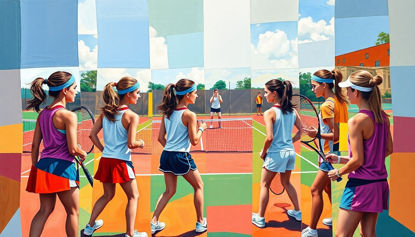 A fragmented, geometric painting depicting a high school girls tennis match, with sharp planes of color representing the players, court, and equipment. The abstract style captures the team's competitive spirit and growth.