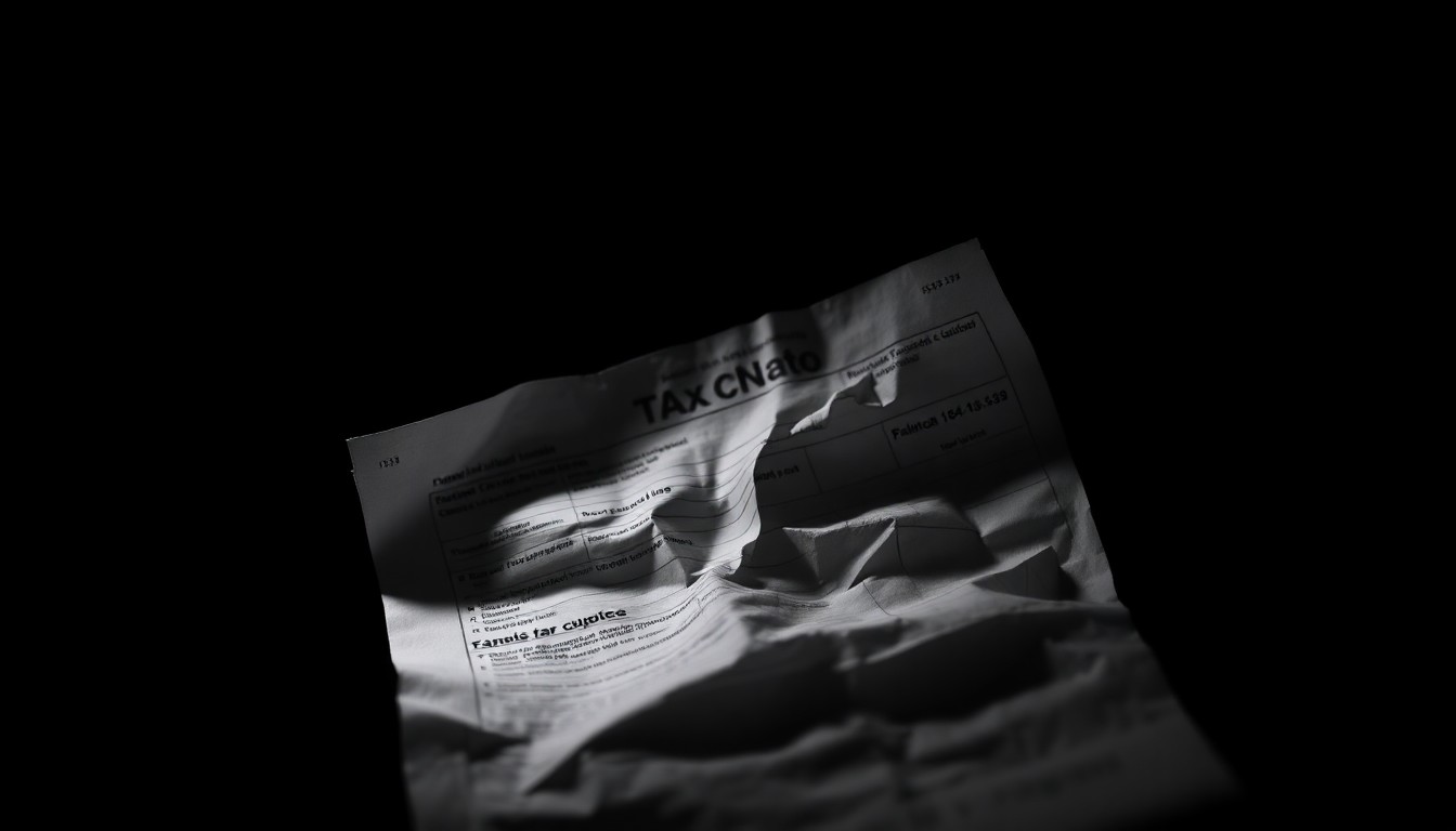 An extreme close-up of a crumpled tax form or financial document, capturing the stark, gritty details and dramatic lighting to conceptually illustrate a tax evasion investigation.