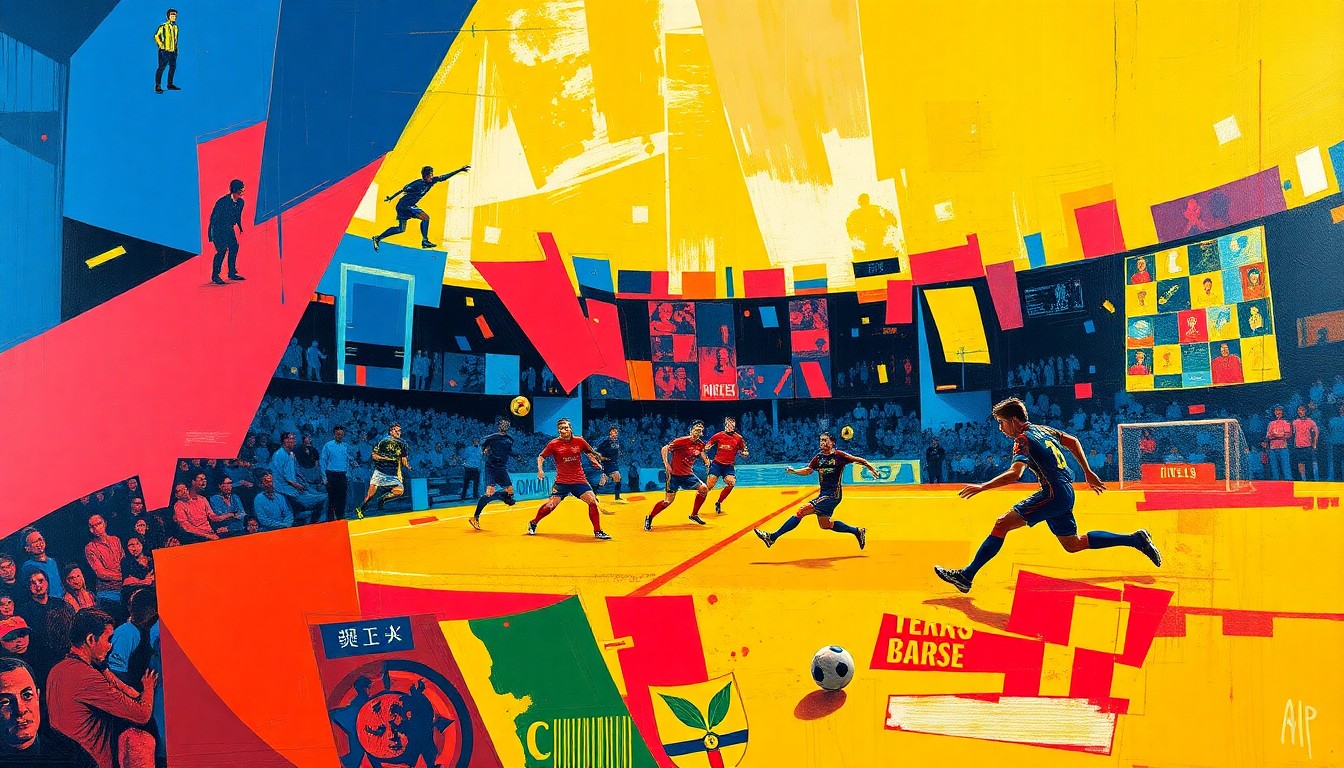 A fractured, multi-perspective painting in vibrant colors depicting the action and movement of a high-intensity soccer match, conceptually representing the Auburn High School teams' senior night victories.