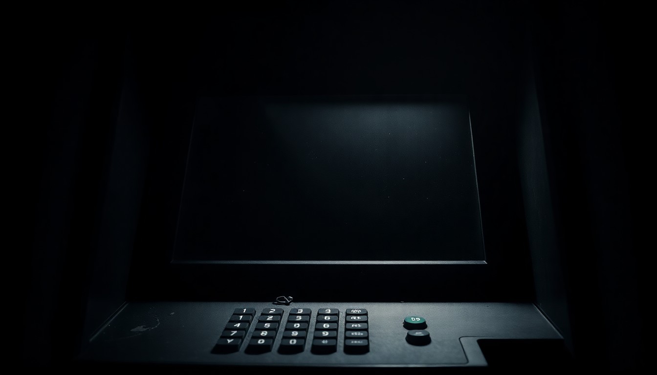 An extreme close-up photograph of a damaged ATM keypad and screen, with a harsh, direct flash illuminating the textured surface against a pitch-black background, conceptually representing the violent nature of ATM robberies.