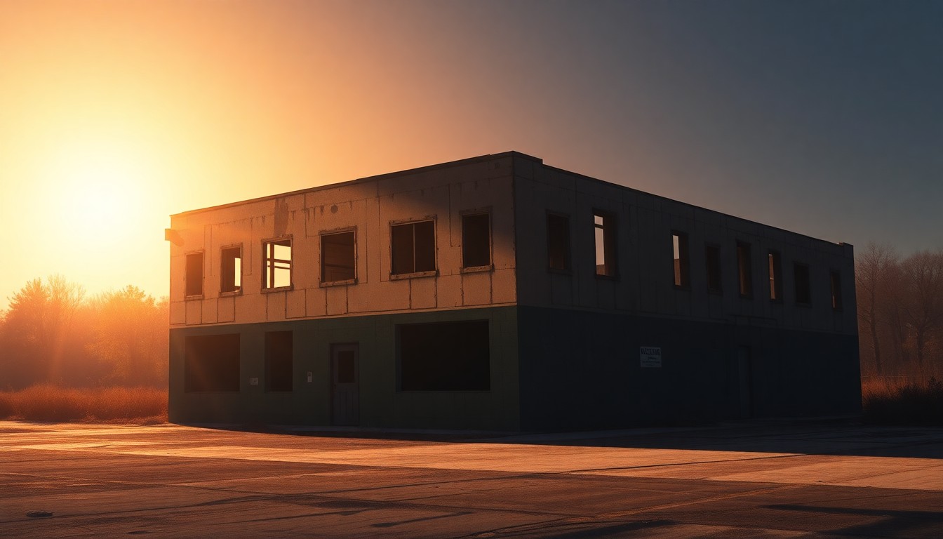 A moody, cinematic painting depicting an abandoned, rundown industrial building surrounded by overgrown vegetation, with warm sunlight casting deep shadows, conveying a sense of environmental neglect and vulnerability.