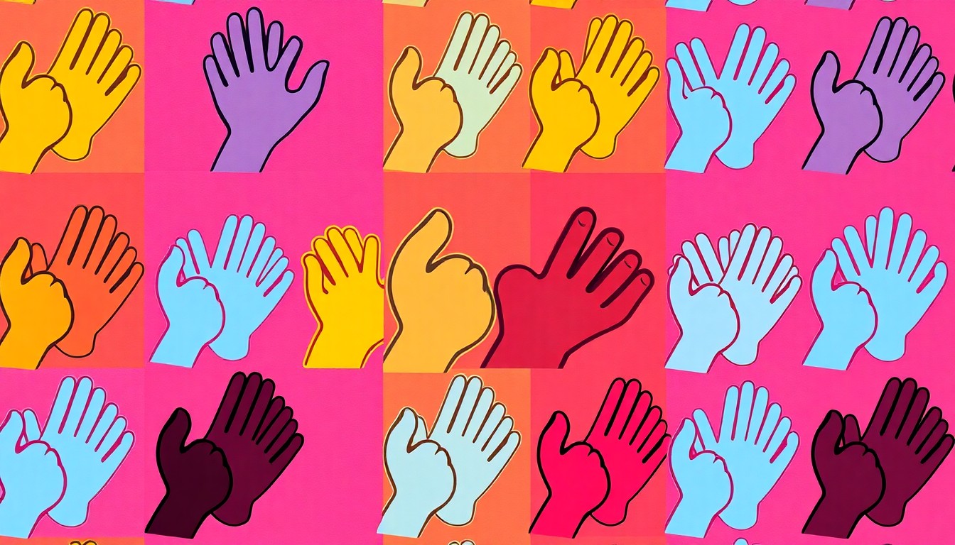 A grid of brightly colored, high-contrast silkscreen images of a pair of hands reaching out, representing the compassionate work of a longtime community advocate.