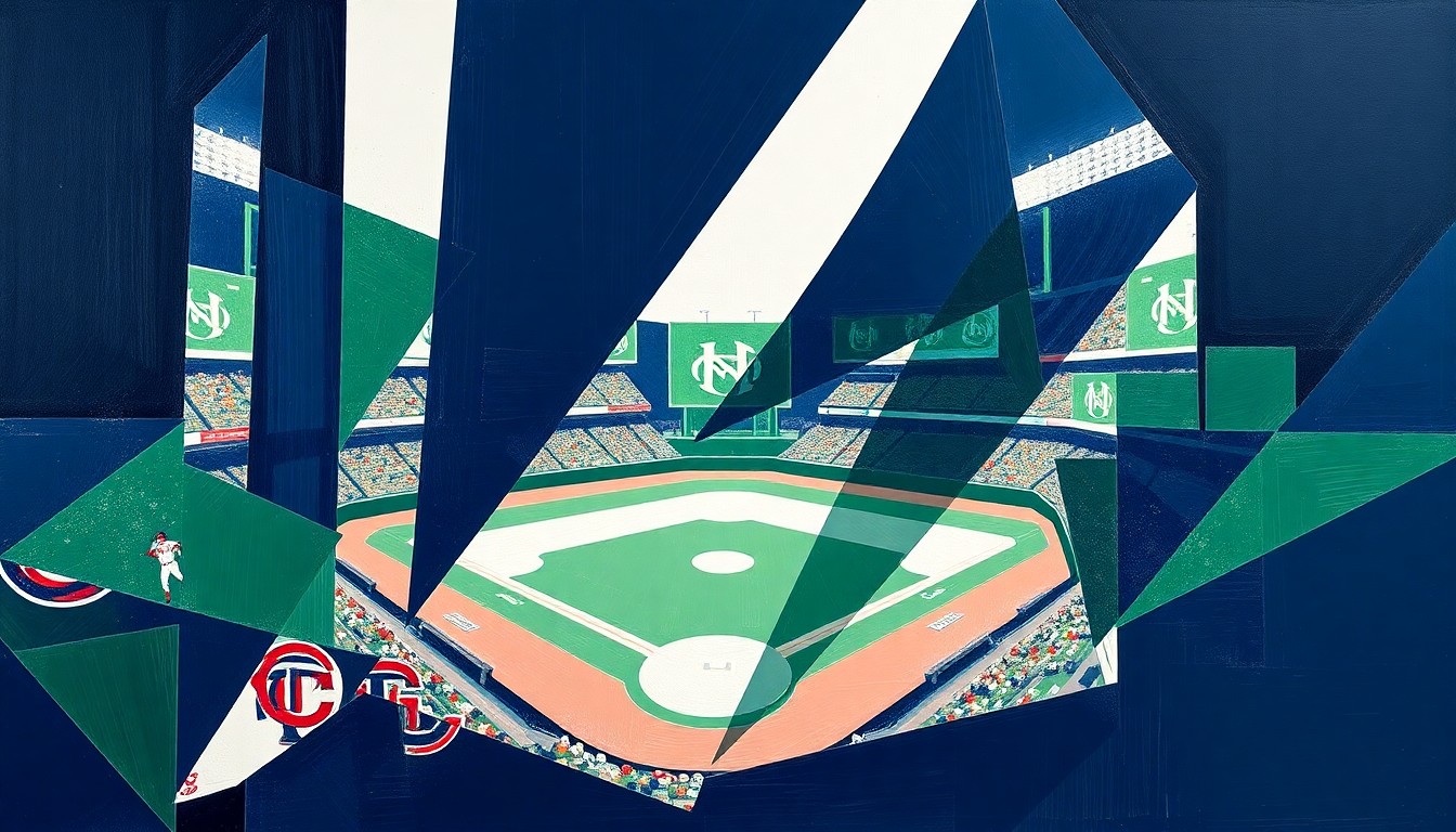 A cubist, geometric painting depicting a Twins baseball game, with sharp, overlapping planes of navy, green, and white conveying the team's dynamic energy and determination.