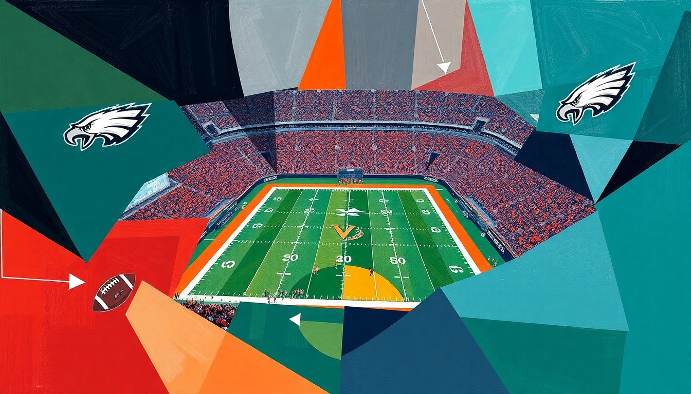 A cubist, geometric painting depicting a fragmented football game scene, with sharp, overlapping planes in the team colors of the Philadelphia Eagles and the University of Virginia.