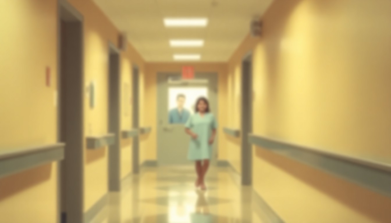 An abstract, out-of-focus photograph in warm, muted tones depicting a hospital hallway, with a blurred figure of a smiling woman in the distance, conceptually representing the behind-the-scenes work of a dedicated hospital employee.