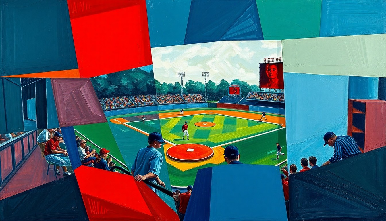 A fragmented, geometric painting depicting a softball game, with sharp planes of navy, green, and red overlapping to create a dynamic, abstract composition.