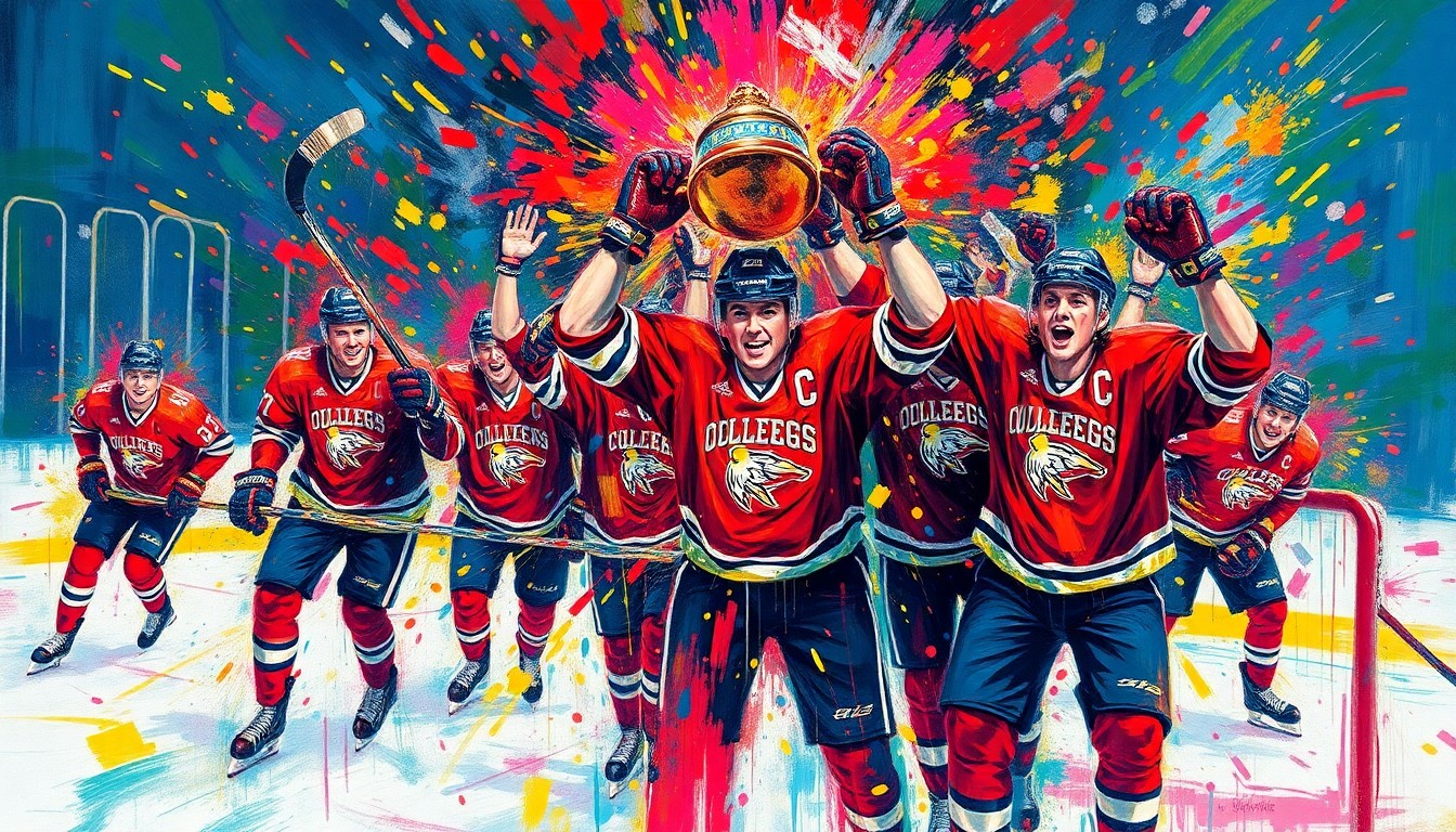 An abstract expressionist painting in neon colors, with rapid brushstrokes capturing the raw energy and excitement of a college hockey championship celebration.