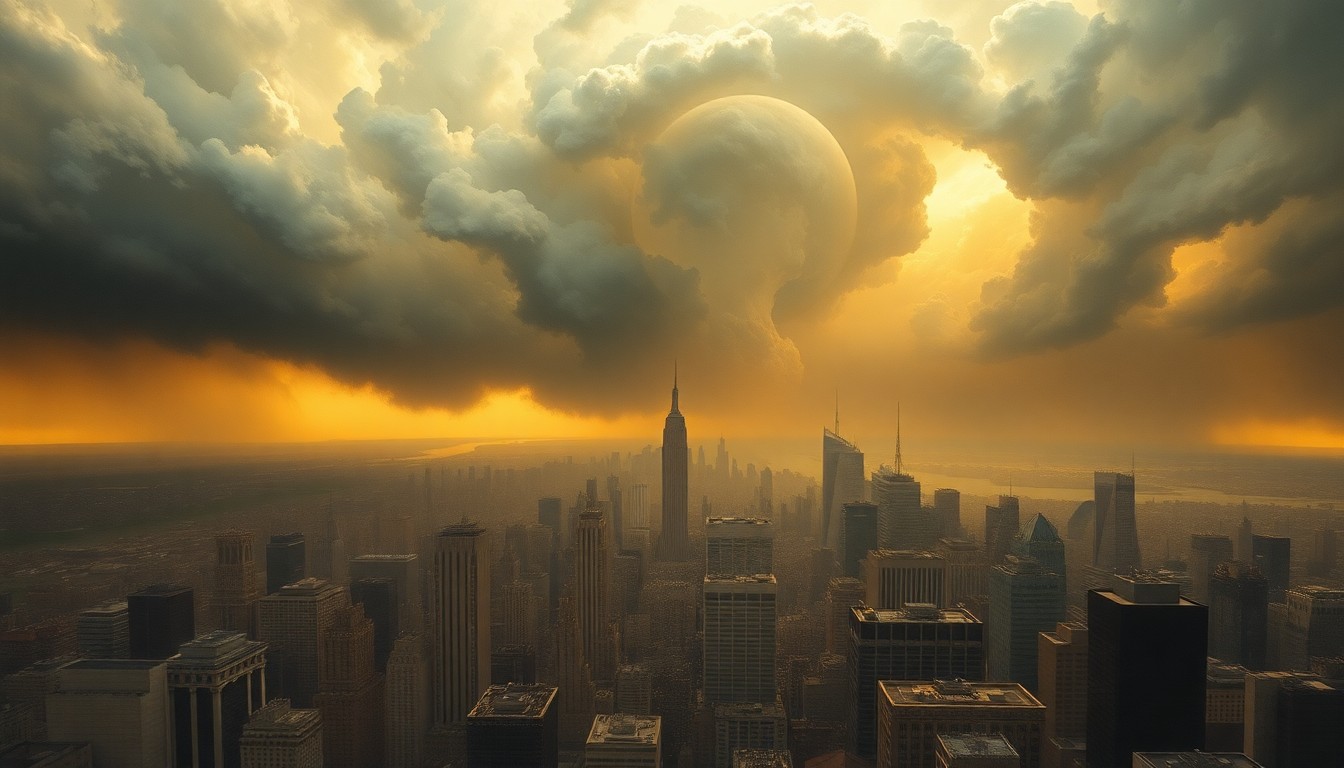 A sweeping, atmospheric landscape painting depicting the New York City skyline bathed in a warm, golden glow as a massive, swirling storm front approaches in the distance, conveying the overwhelming scale and power of the changing weather conditions.