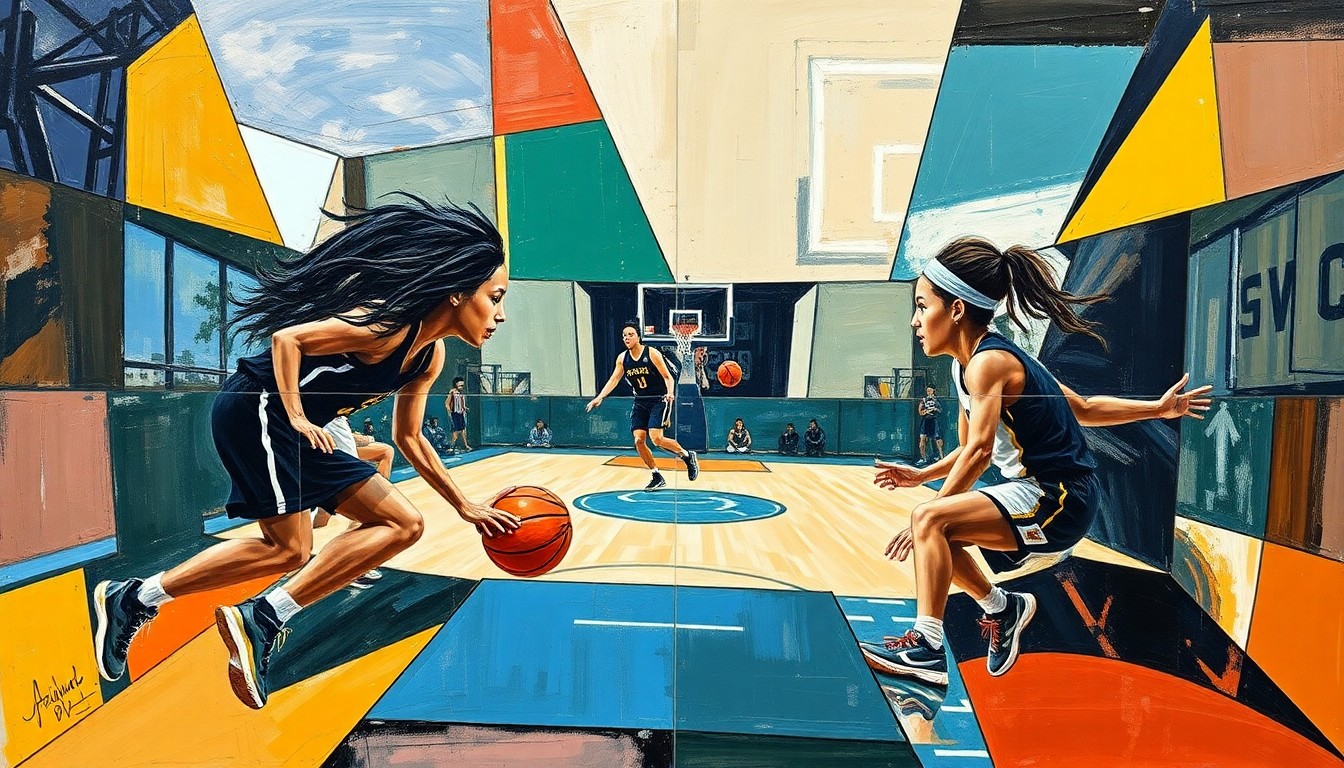 A cubist, geometric painting depicting the overlapping movements and perspectives of a basketball game, with the players' forms fractured and abstracted into sharp, angular shapes.
