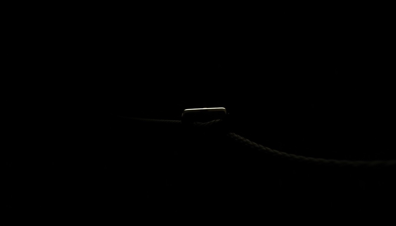 An extreme close-up photograph of a dog collar against a pitch-black background, lit by a harsh, direct camera flash, creating a stark, gritty, and investigative aesthetic that conceptually represents the allegations of animal cruelty at the Calhoun County Animal Shelter.