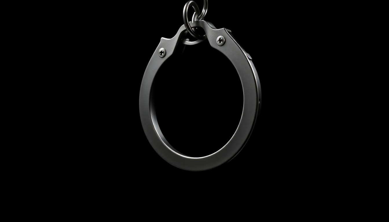 An extreme close-up photograph of a pair of handcuffs against a pitch-black background, the metal surface reflecting the harsh, direct light of the camera flash, creating a stark, dramatic visual.