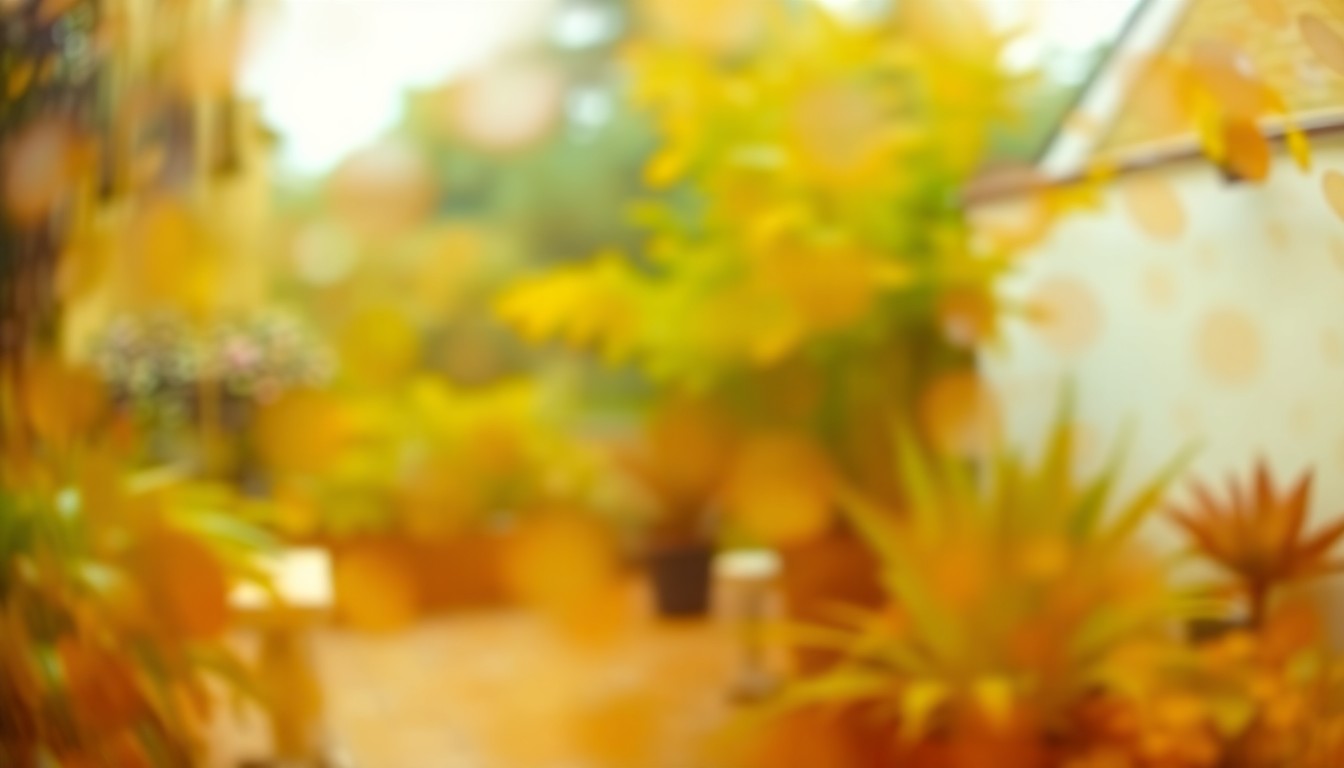 An impressionistic, blurred photograph showing a dreamlike garden scene with soft, warm colors and a sense of natural abundance and growth.