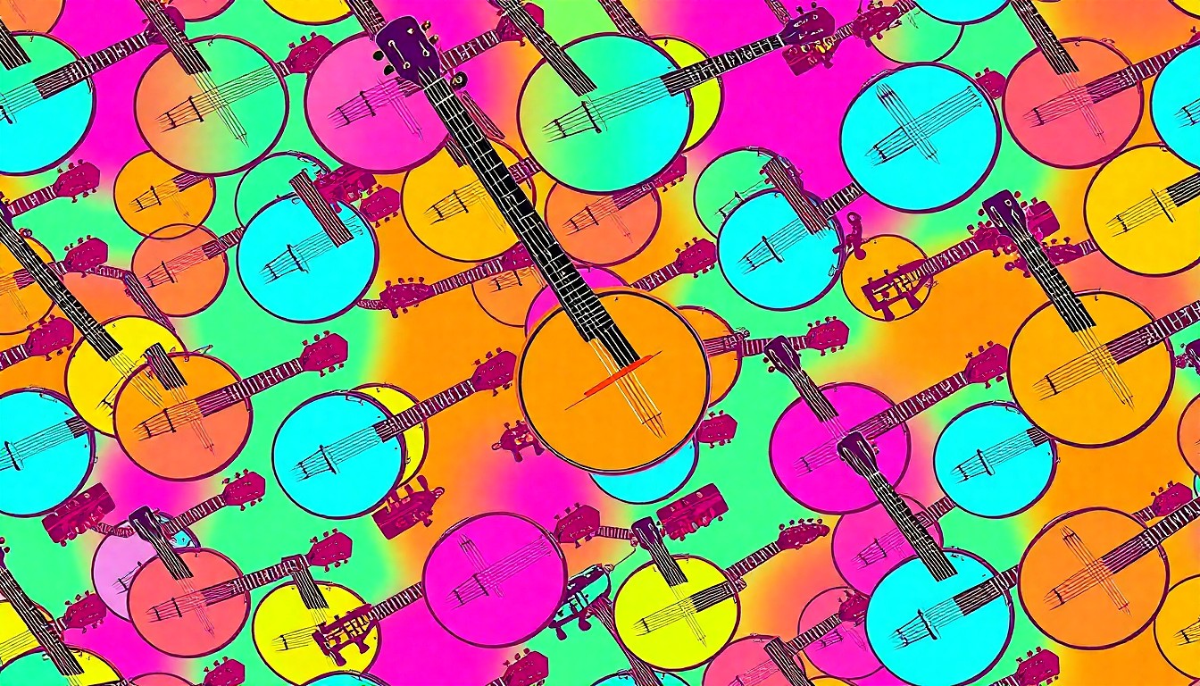 A brightly colored, high-contrast silkscreen print of a banjo repeated in a tight grid pattern, capturing the pop art energy of the Arkansas Folk Festival.
