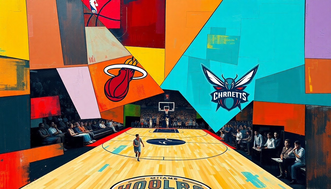 A cubist-style painting depicting a basketball game, with the players and court broken down into sharp, overlapping geometric shapes and planes, conveying the strategic adjustments and high-stakes nature of the Heat-Hornets Play-In contest.