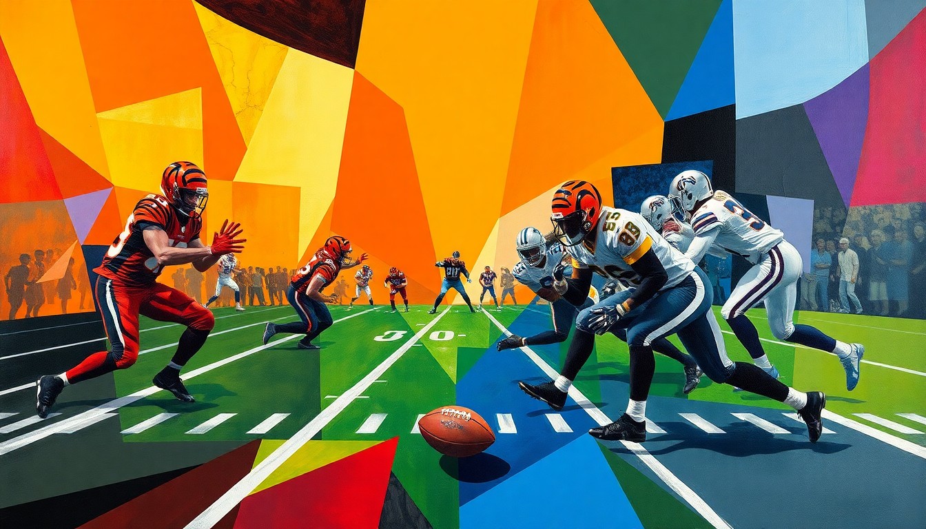 A fragmented, geometric painting depicting a football game in progress, with the players' forms broken down into angular, overlapping shapes in a cubist style, capturing the dynamic energy of the sport.