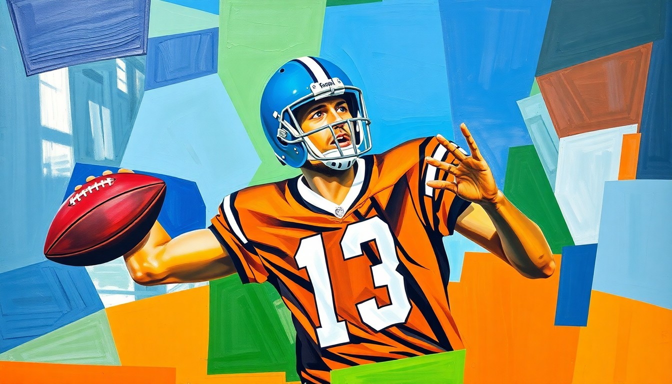 A fragmented, geometric painting depicting a quarterback's throwing motion, with sharp, overlapping planes of color and form, capturing the raw athleticism and movement of the sport.