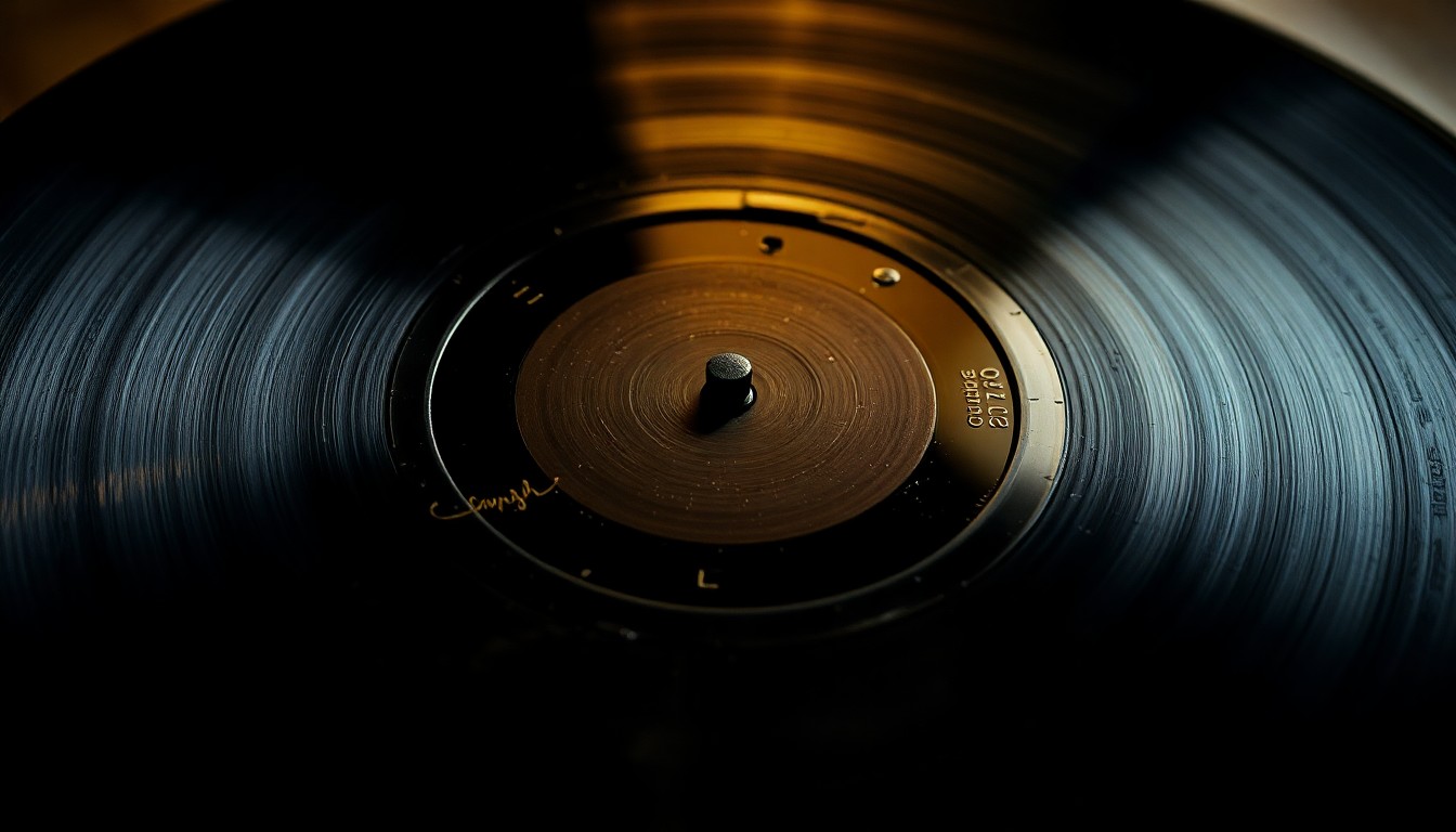 An abstract close-up photograph of the textured surface of a vintage vinyl record, capturing the worn grooves and subtle imperfections in dramatic high-contrast lighting to convey a sense of musical nostalgia and discovery.