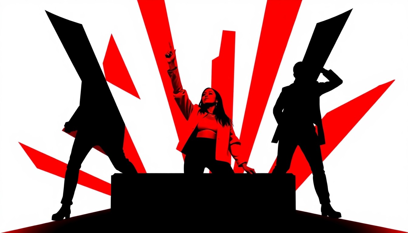 An abstract, minimalist illustration in the style of Saul Bass, featuring bold, jagged geometric shapes and heavy black silhouettes in a high-contrast composition that conceptually represents the energy and excitement of Cardi B's Little Miss Drama Tour.