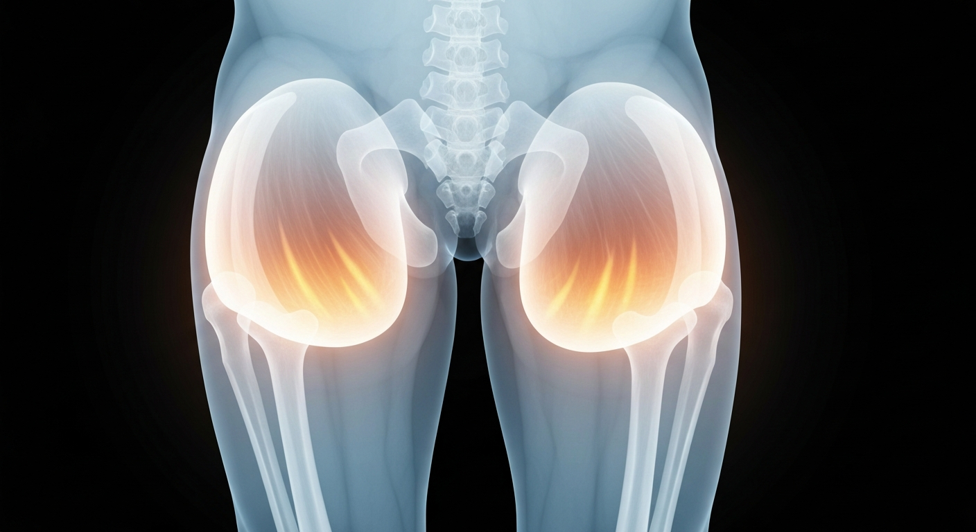 A ghostly, translucent X-ray-style photograph showing the internal structure of human thigh muscles, with streaks of fat visible replacing muscle fibers, conceptually illustrating the detrimental effects of a diet high in ultra-processed foods.