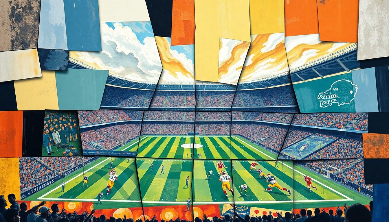 A cubist-style painting depicting a fragmented football stadium and players on a field, with sharp, overlapping geometric shapes in shades of green, blue, and brown, conceptually representing the multifaceted negotiations surrounding the Bears' stadium plans.