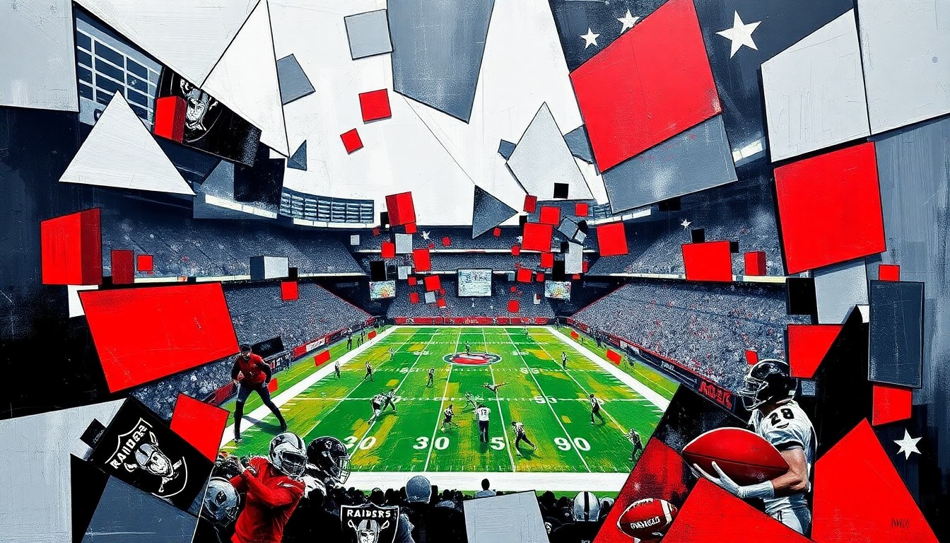A cubist-style painting featuring sharp, overlapping geometric shapes in the Raiders' team colors of silver, black, and red, conceptually representing the complex challenges the team faces in rebuilding through the upcoming NFL Draft.