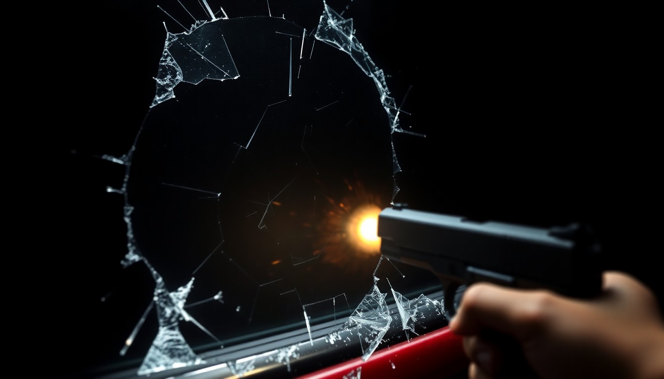 An extreme close-up photograph of shattered car window glass reflecting the bright muzzle flash of a handgun, creating a stark, gritty, and investigative aesthetic.