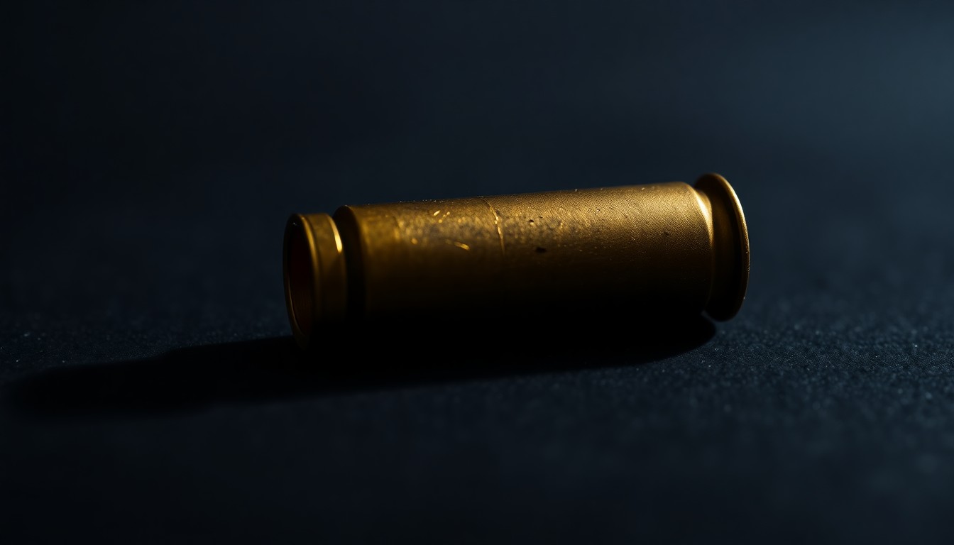 An extreme close-up photograph of a spent shell casing on a dark surface, lit by a harsh, direct camera flash, conceptually representing the gritty details of a police investigation into a shooting incident.
